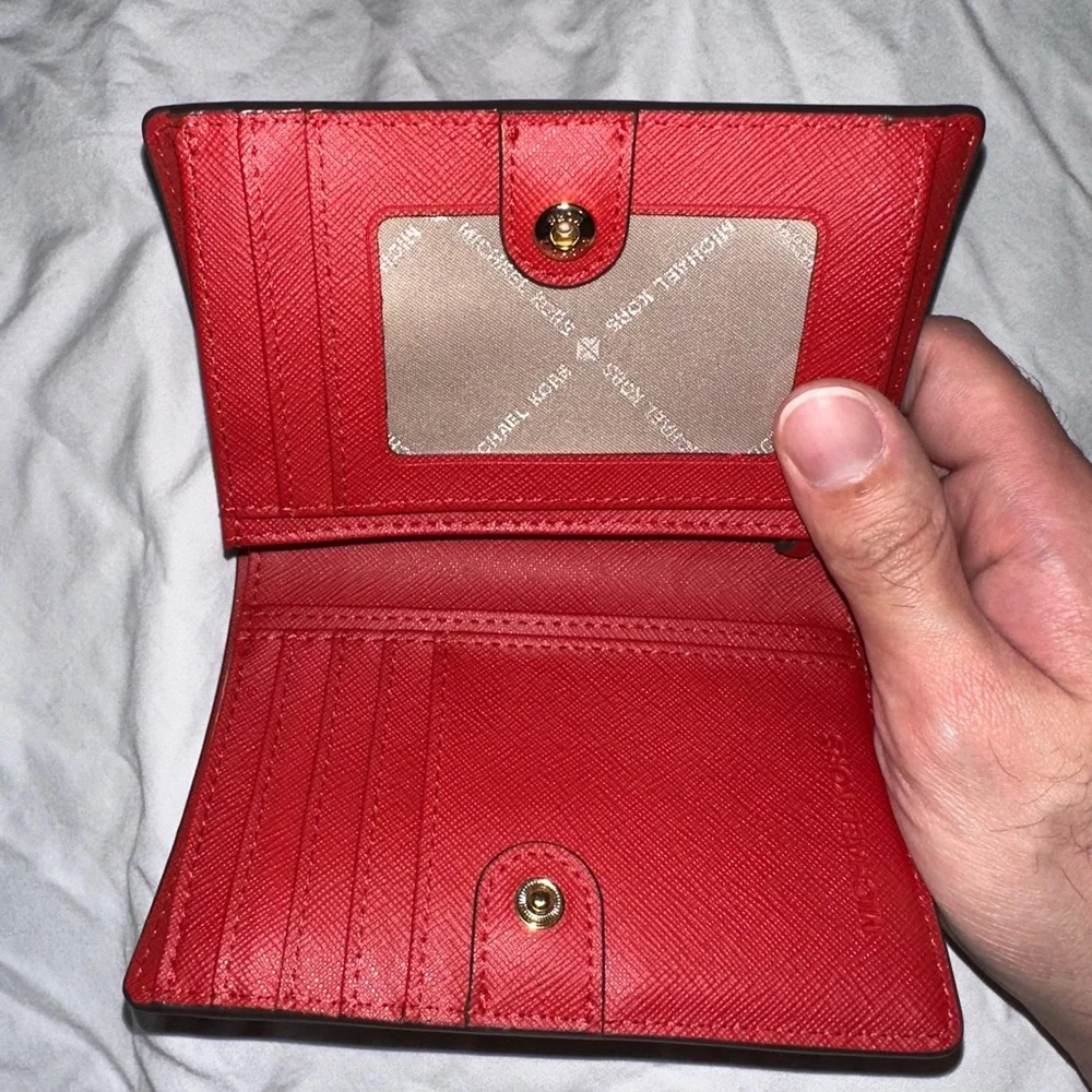 Michael Kors Flame Red Saffiano Leather Card Wallet with Gold Logo